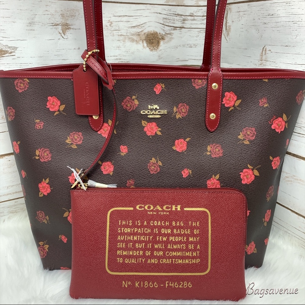 Coach floral reversible tote oxblood cherry pouch - Picture 2 of 8